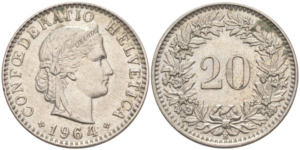 Швейцария 20 раппенов 1964 B KM 29a медно-никель 55-835