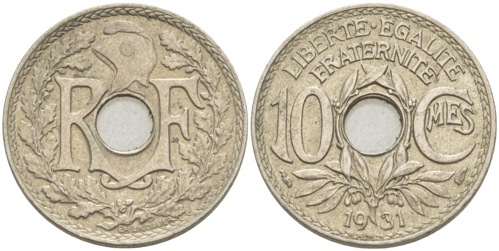 ФРАНЦИЯ 10 САНТИМОВ 1931 ТИП ЛИНДАЙЁ KM 866а, LE FRANC 138.18 медно-никель 4402-756