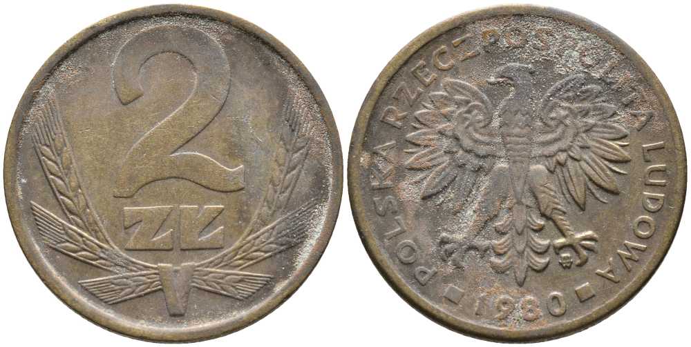 Польша 2 злотых 1980 MW KM 80.1, Parchimowicz 217g латунь 110-547