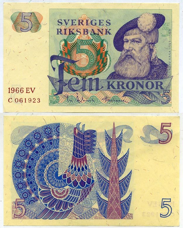 Швеция 5 крон 1966 EV, Густав I Ваза Pick 51a бумага aUNC 00-00