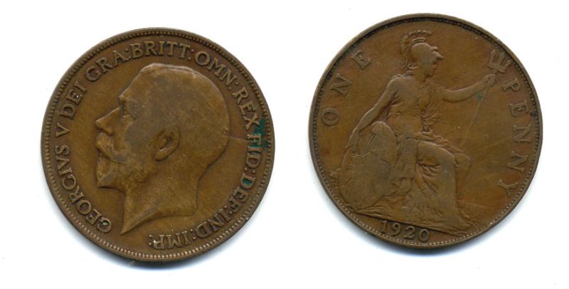 Великобритания 1 пенни 1920 Георг V (1910-1936) КМ 810, Spink 4051 бронза 47-325