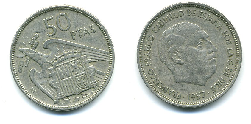 ИСПАНИЯ 50 ПЕСЕТ 1957 KM 788 медно-никель 04-626