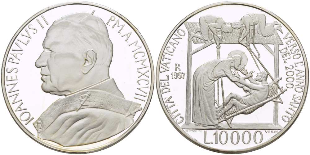Ватикан 10000 лир 1997 Иоанн Павел II (1978-2005), исцеление Христом парализованного KM 318 серебро  PROOF  1085-6-52