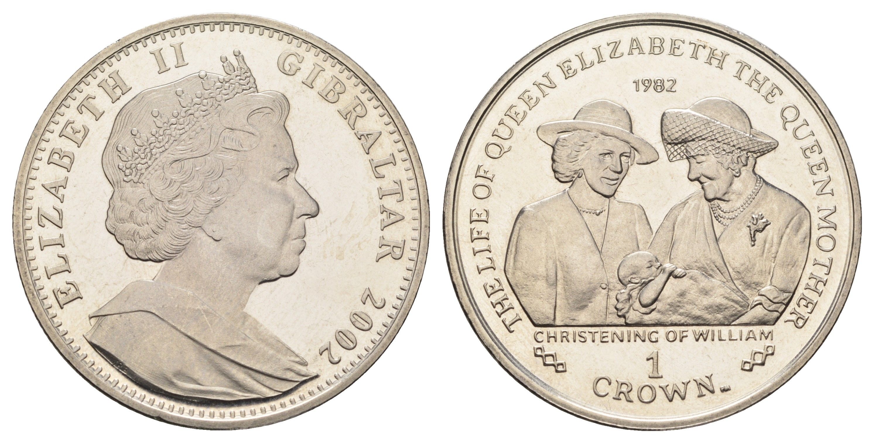Гибралтар 1 крона 2002 Жизнь Королевы-матери - Крещение Принца Уильяма KM 979 медно-никель BU 1524-2013