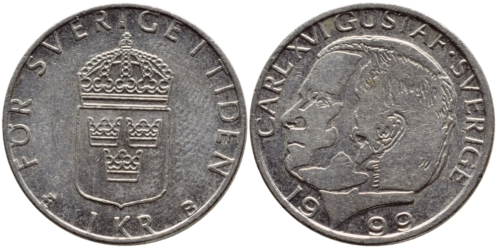 Швеция 1 крона 1999 Карл XVI Густав (1973- ) KM 852a медно-никель 89-1444