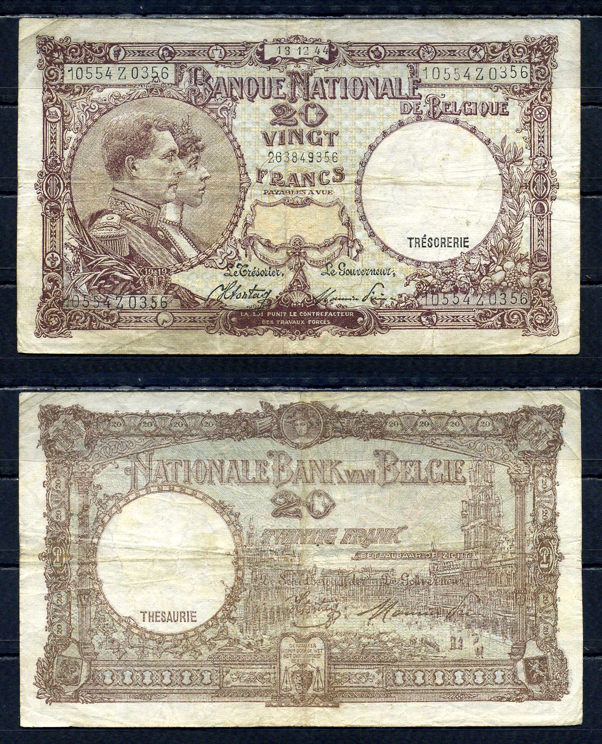 Бельгия 20 франков 1944 13.12.1944, Король Альберт I и его жена Королева Елизавета, Гран-Плас / Гроте Маркт, Брюссель Pick 111 (3) бумага 6301-10-1-1