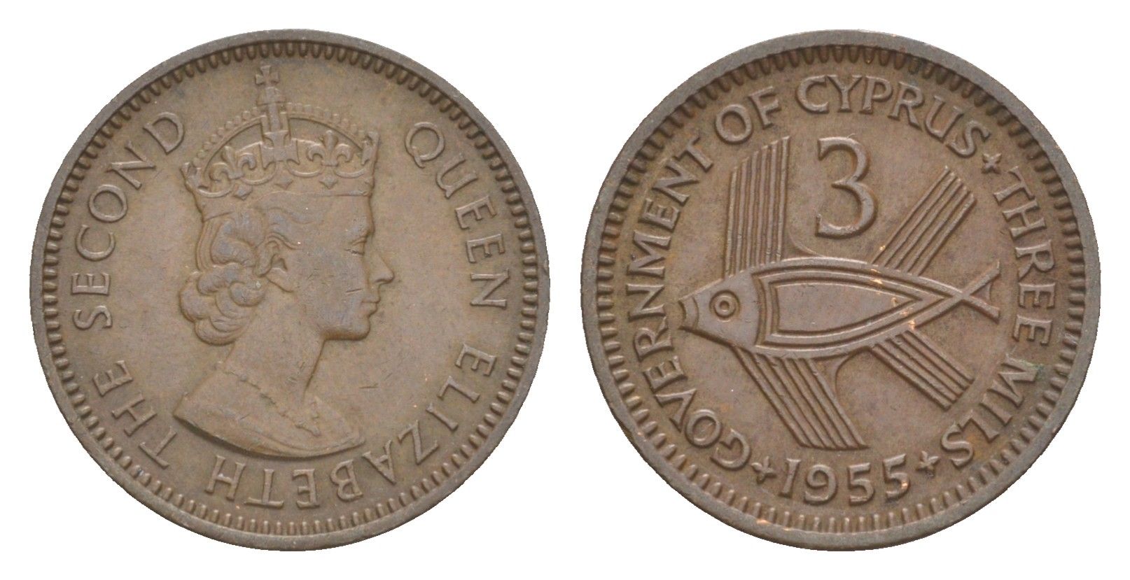 Кипр 3 миля 1955 Елизавета II (1952-2022), рыба KM 33 бронза 4649-1153