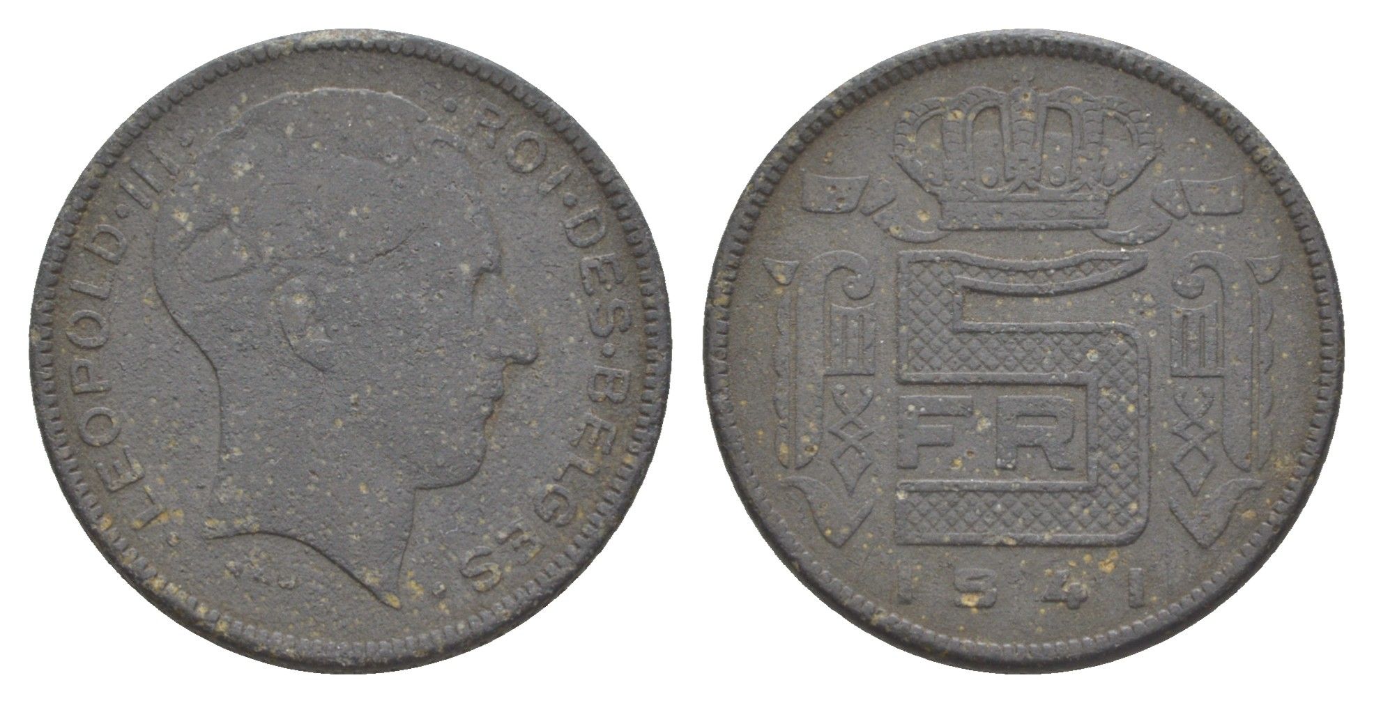 Бельгия 5 франков 1941 Belges, Леопольд III (1934-1951) KM 129 цинк 4538-1255