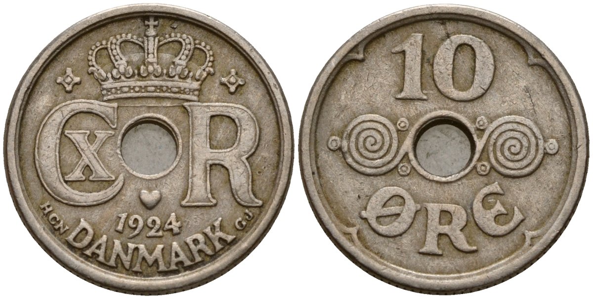 Дания 10 эре 1924 HCN; GJ, Кристиан X (1912-1947) KM 822 медно-никель 4189-741