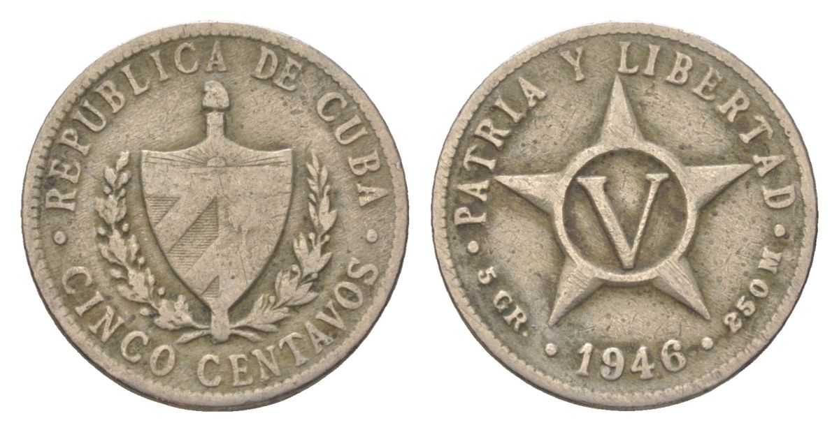 Куба 5 сентаво 1946 звезда, первая Республика (1902-1961) KM 11.3 медно-никель 4623-827