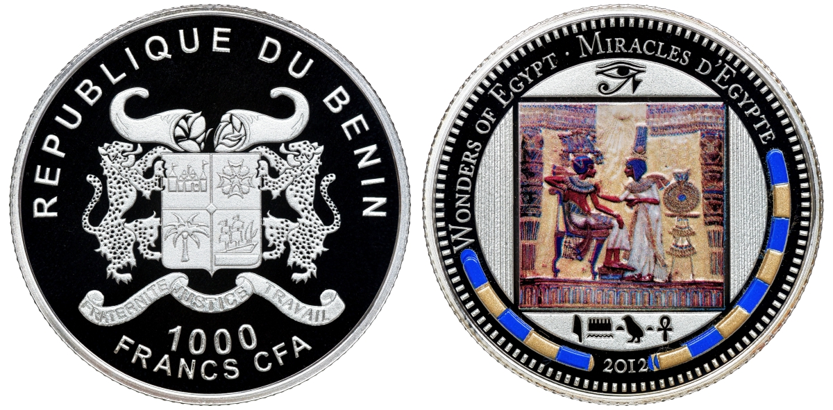 Бенин 1000 франков 2012 серия сокровища Египта, фреска Тутанхамон, цветная эмаль серебро PROOF 1087-10-11