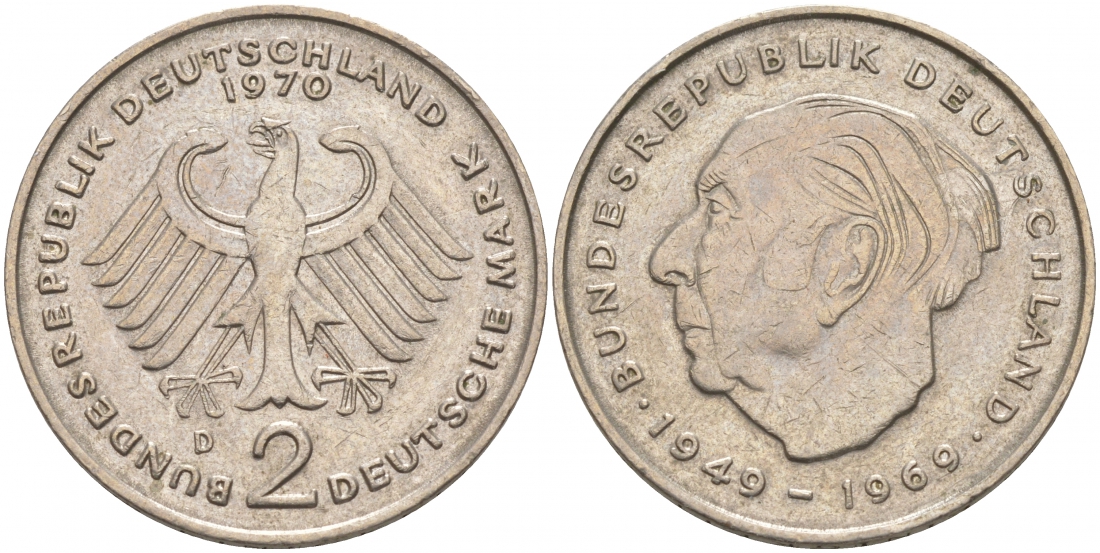 ФРГ 2 марки 1970 D, Теодор Хойс KM A127, J. 407 медно-никель плакированный никелем 69-1024