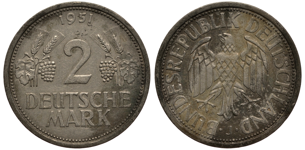 ФРГ 2 марки 1951 J J 386, KM 111 медно-никель плакированный никелем 3711-544