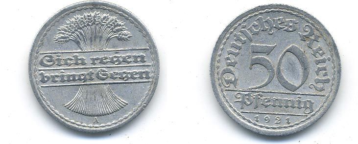 ГЕРМАНИЯ 50 ПФЕННИГОВ 1921 A KM 27, J. 301 алюминий 58-437