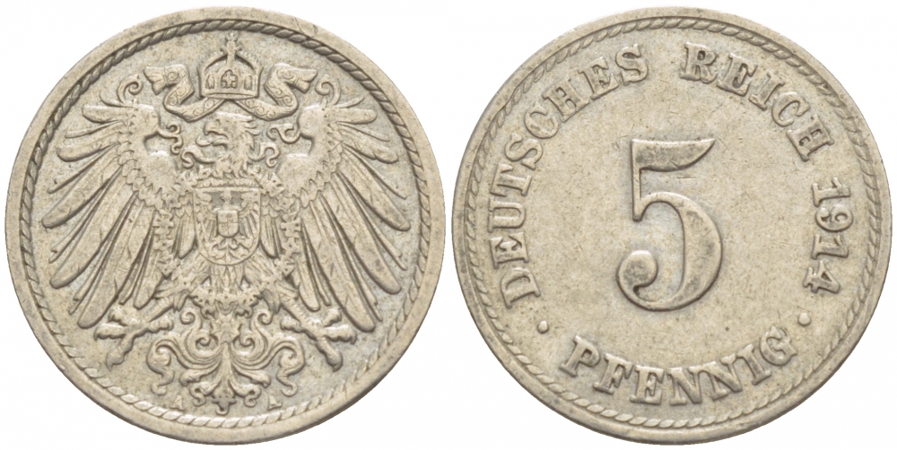 ГЕРМАНИЯ 5 ПФЕННИГОВ 1914 A, KM 11, J. 12 медно-никель 4532-544