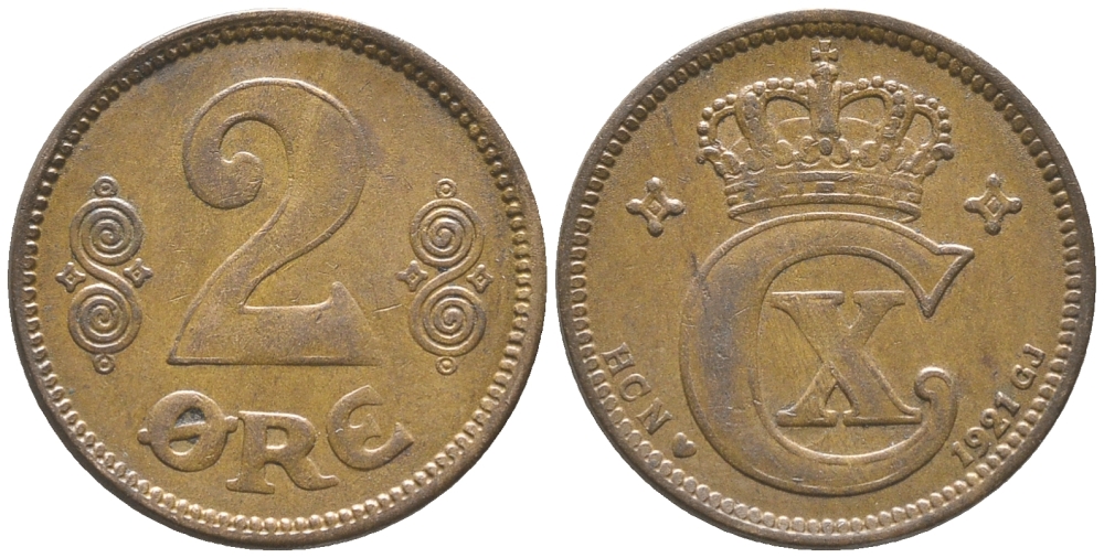 ДАНИЯ 2 ЭРЕ 1921 N ; GJ, КРИСТИАН X (1912-1947) KM 813.2 бронза 34-515