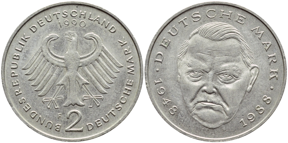 ФРГ 2 МАРКИ 1990 F, ЭРХАРД ЛЮДВИГ КМ 170 J.445 медно-никель плакированный никелем 80-553
