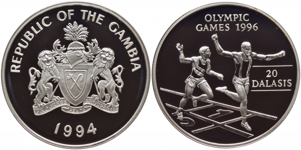 Гамбия 20 даласи 1994 Олимпийские игры 1996 года в Атланте, бег KM 47 серебро PROOF 1081-5-41