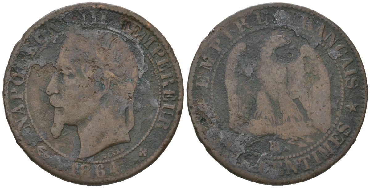 Франция 5 сантимов 1864 BB, Наполеон III (1852-1870) KM 797.2 бронза 4579-932