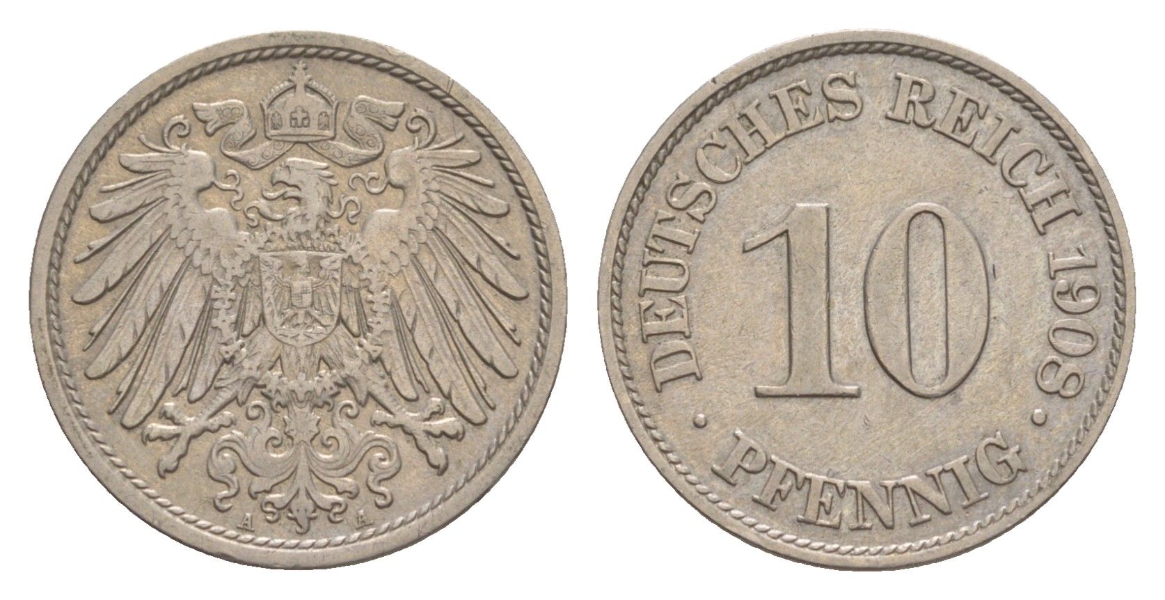 Германия 10 пфеннигов 1908 A, Вильгельм II (1888-1918) KM 12, J. 13 медно-никель 4640-313