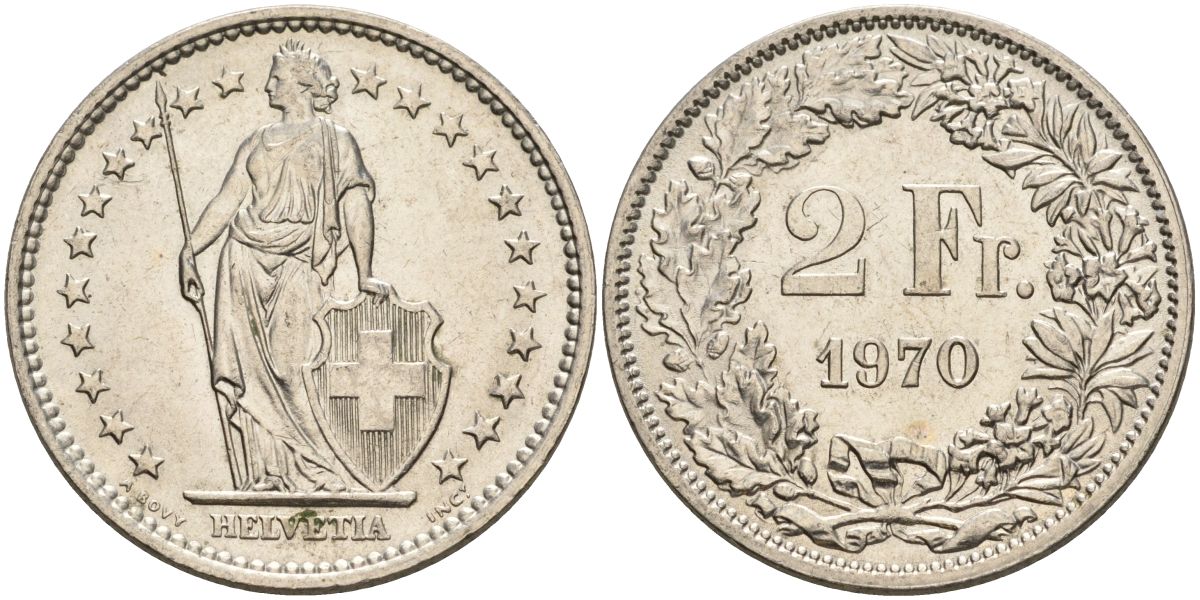 Швейцария 2 франка 1970 KM 21а.1 медно-никель 4607-616