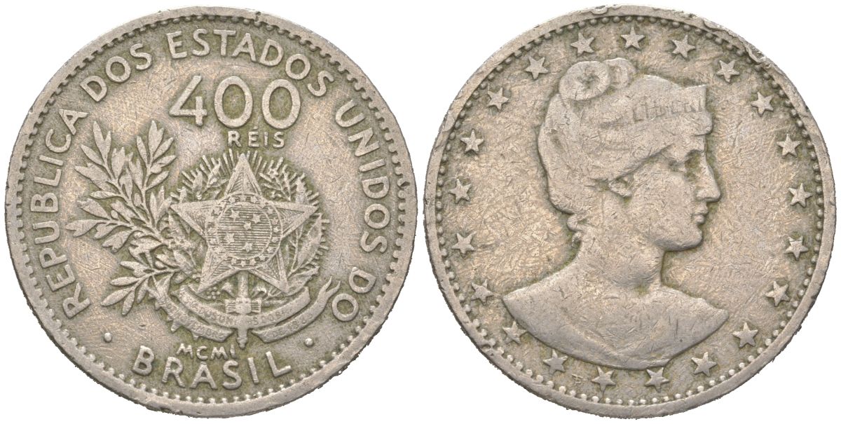 Бразилия 400 реалов 1901 MCMI, голова свободы вправо KM 505 медно-никель 4612-422