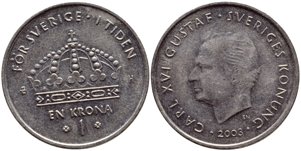 Швеция 1 крона 2003 Карл XVI Густав (1973- ) KM 894 медно-никель 3999-1315