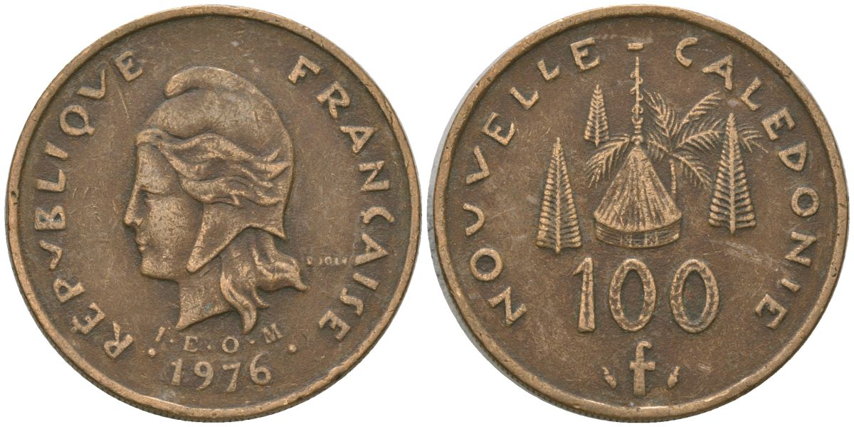 Французская Новая Каледония 100 франков 1976 хижина среди сосен и пальм, (IEOM) KM 15, Schoen 16, Lec 130 никель латунь 4137-545