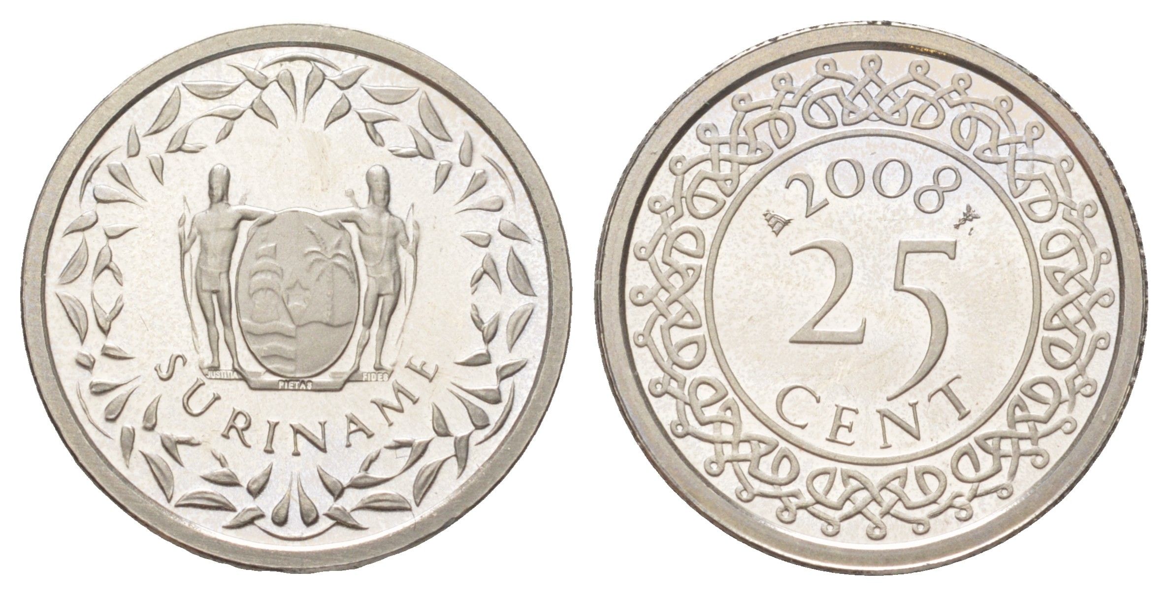 Суринам 25 центов 2008 тираж 1000 экземпляров KM 14a медно-никель BU 4625-351