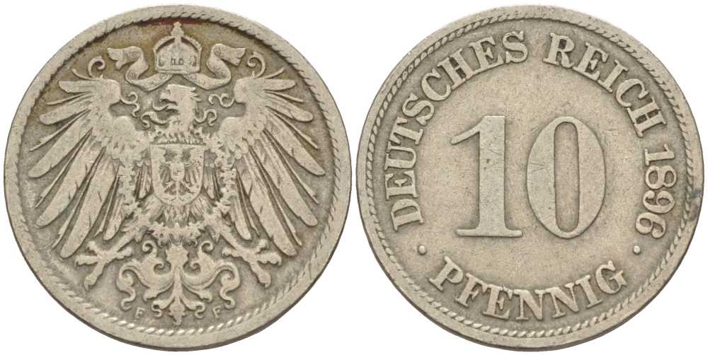 ГЕРМАНИЯ 10 ПФЕННИГОВ 1896 F KM 12, J. 13 медно-никель 4401-1011