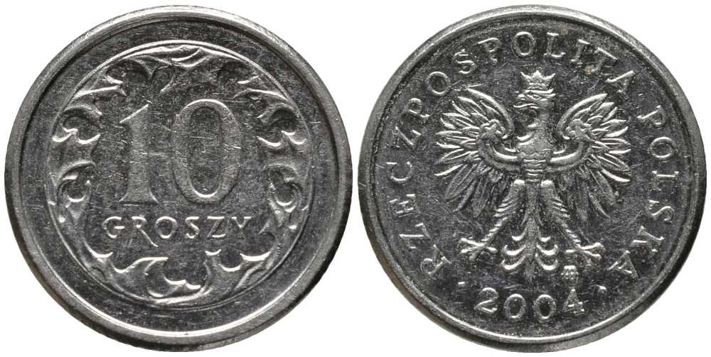 Польша 10 грошей 2004 MW KM 279 медно-никель 201-447