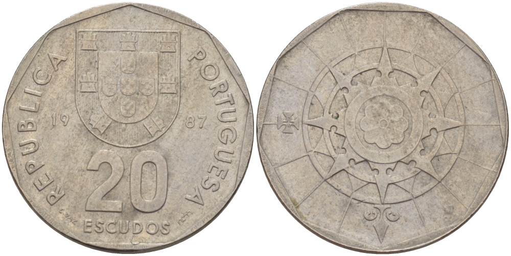 ПОРТУГАЛИЯ 20 ЭСКУДО 1987 INCM KM 634.1 медно-никель 67-634