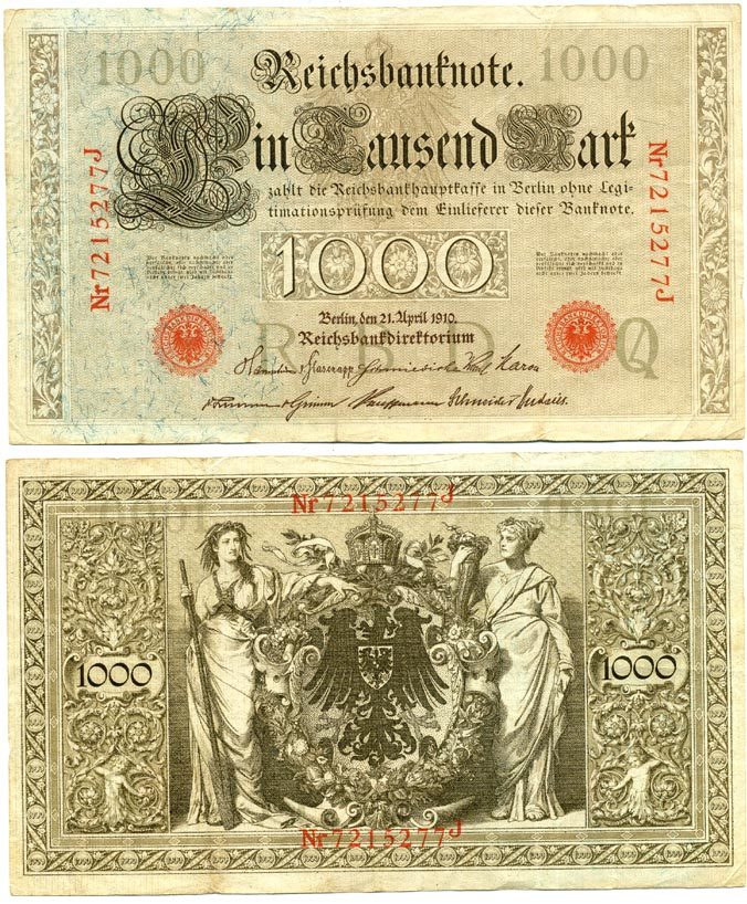 ГЕРМАНИЯ 1000 МАРОК 1910 КРАСНАЯ ПЕЧАТЬ, 7 ЦИФР В НОМЕРЕ Pick 44b бумага 6301-38-1-1