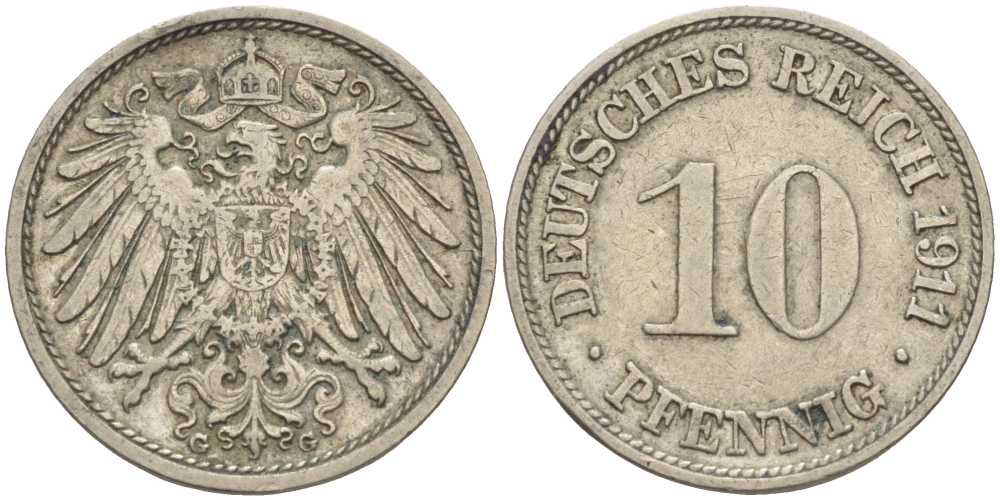 ГЕРМАНИЯ 10 ПФЕННИГОВ 1911 G KM 12, J. 13 медно-никель 31-1121