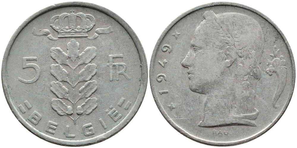 Бельгия 5 франков 1949 Belgie, Леопольд III (1934-1951) KM 135.1 медно-никель 4391-1257