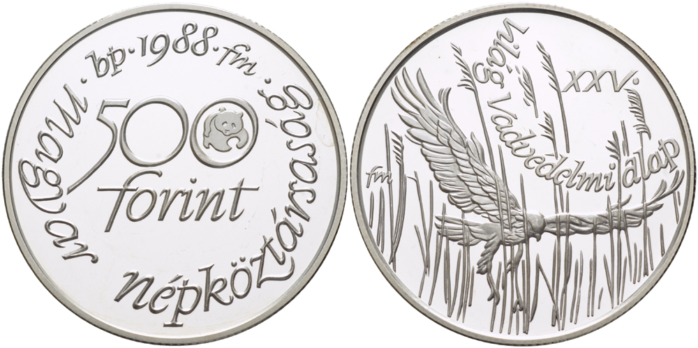 Венгрия 500 форинтов 1988 фонд защиты дикой природы, лунь (ястреб) KM 661 серебро PROOF 1074-6-43