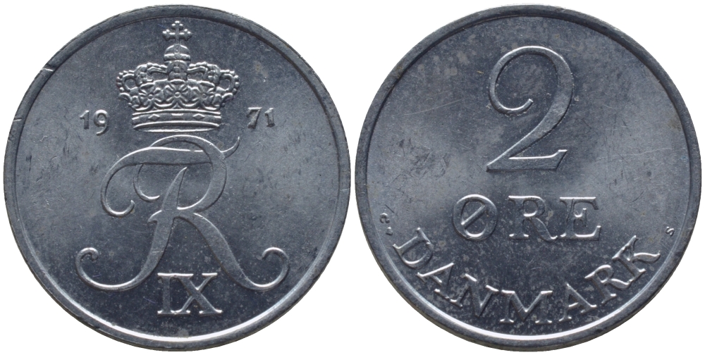 Дания 2 эре 1971 C; S, Фредерик IX (1947-1972) KM 840.2 цинк 86-1435