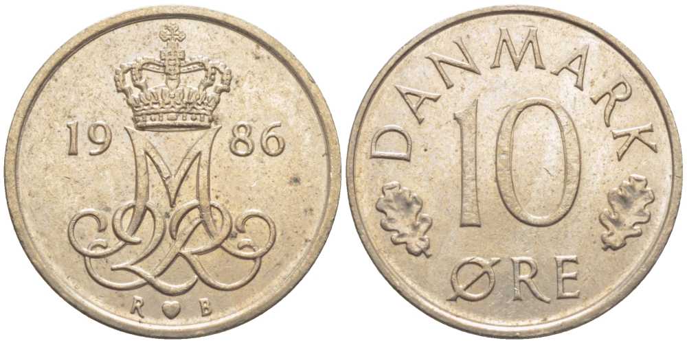 Дания 10 эре 1986 R; B, Маргрете  II (1972-2024) KM 860.3 медно-никель 116-256