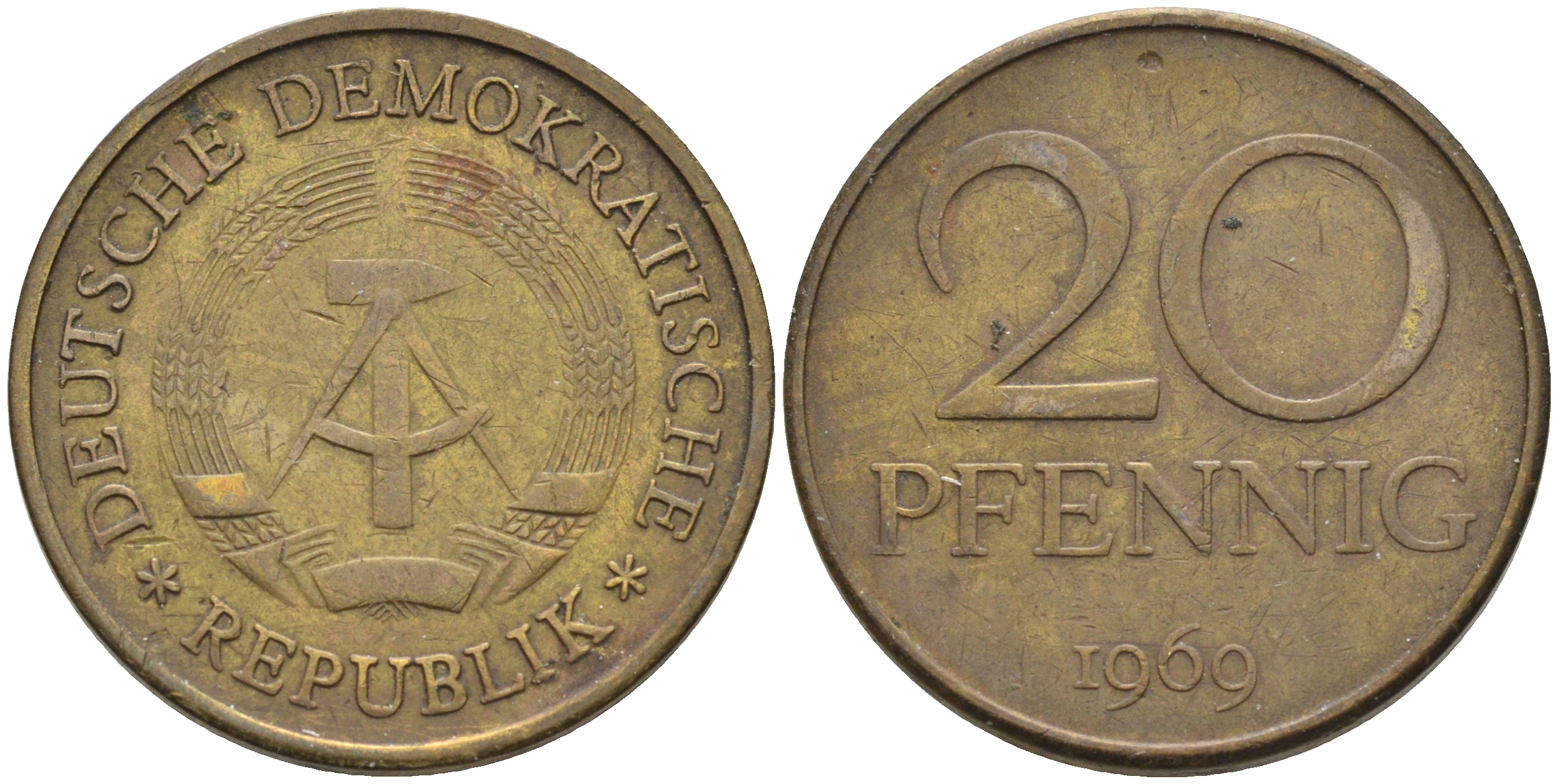 ГДР 20 пфеннигов 1969 А, первый год KM 11 латунь 4126-823