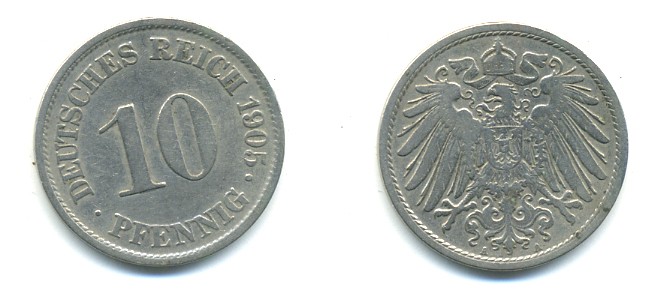 Германия 10 пфеннигов 1905 A KM 12, J. 13 медно-никель 4379-834