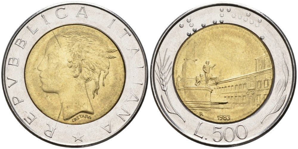 Италия 500 лир 1983 R KM 111 биметалл UNC 76-723