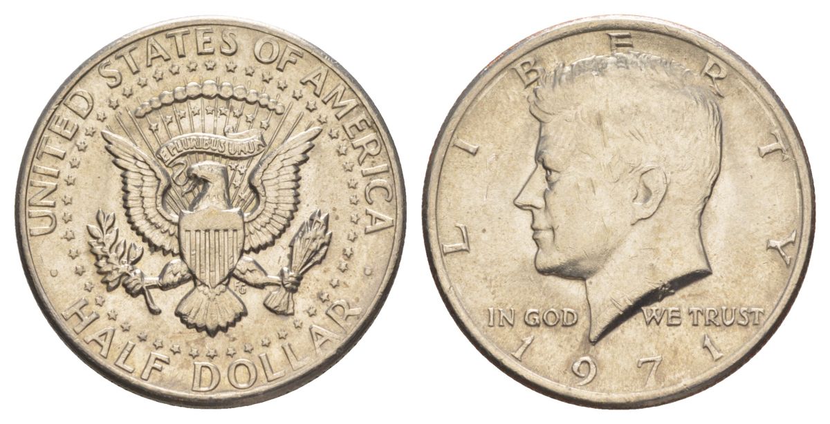 США 1/2 доллара (50 центов) 1971 Джон Кеннеди KM 202b медь плакированная медно-никелем aUNC 4131-1211