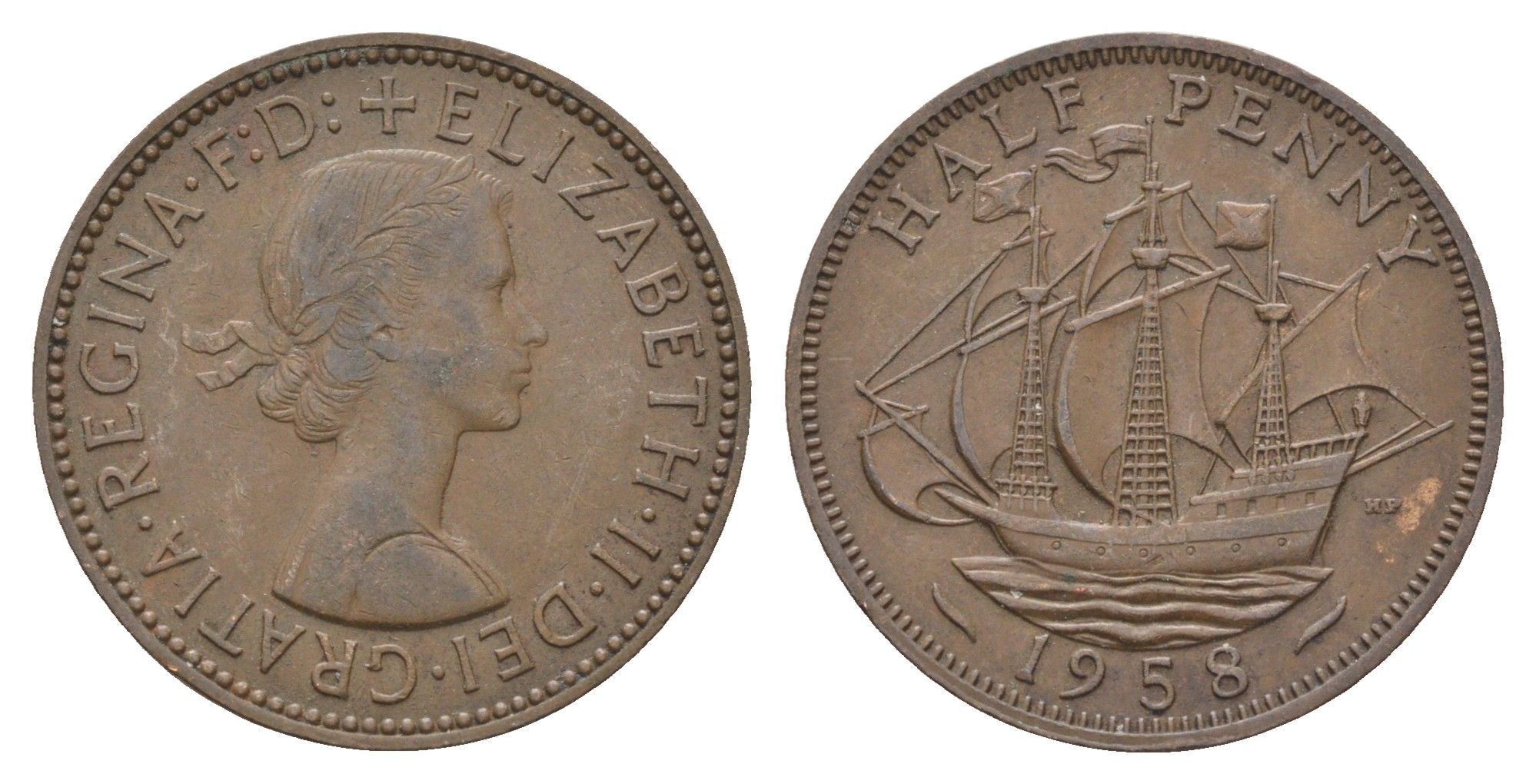 Великобритания 1/2 пенни 1958 Елизавета II (1952-2022) KM 896, Spink 4158 бронза 4662-1145