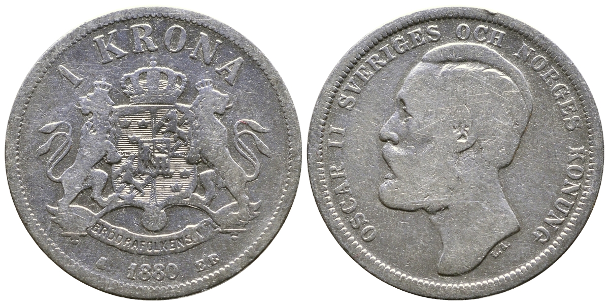 Швеция 1 крона 1880 EB, Оскар II (1872-1907) король Швеции и Норвегии KM 747 серебро 4178-436