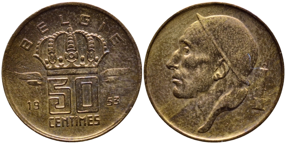 БЕЛЬГИЯ 50 САНТИМОВ 1953 BELGIE KM 145 бронза 4392-758