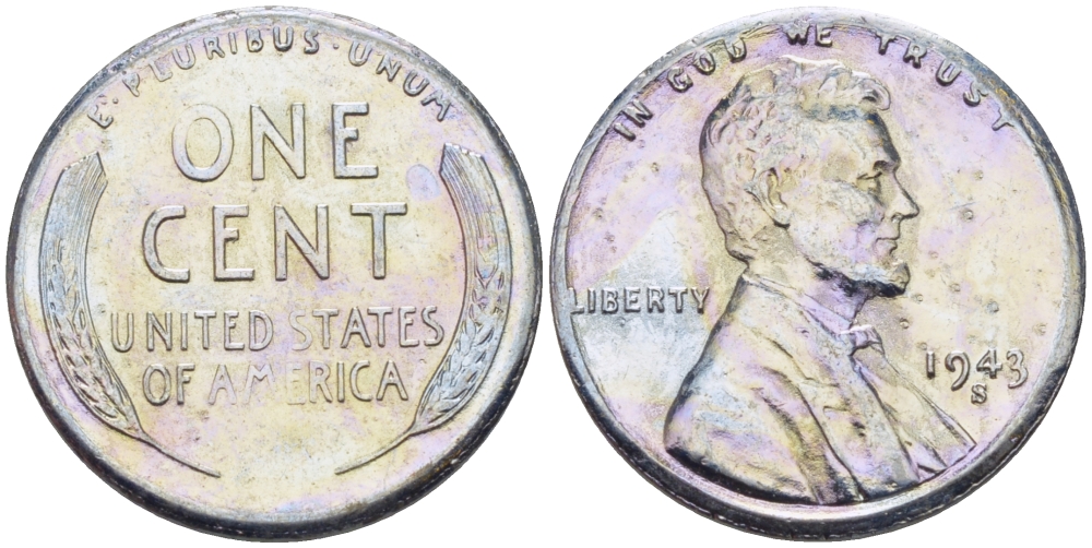 США 1 цент 1943 S (Сан-Франциско), Авраам Линкольн KM 132 a сталь плакированная цинком 39-129