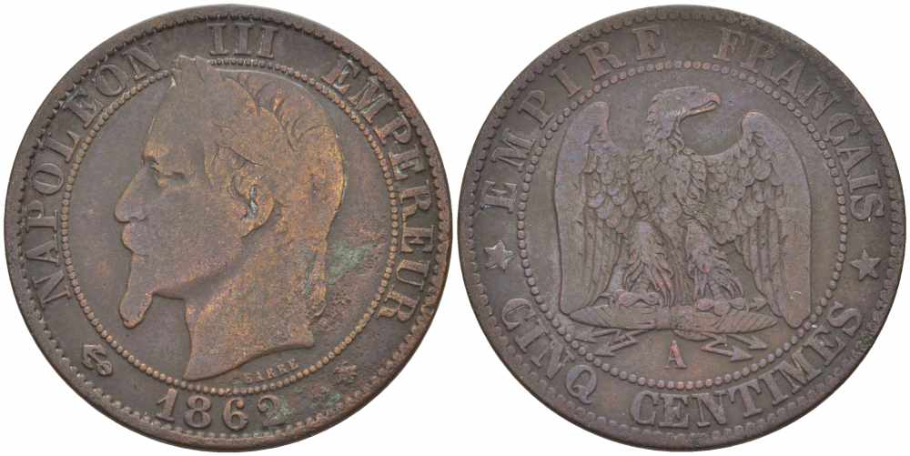 ФРАНЦИЯ 5 САНТИМОВ 1862 A, НАПОЛЕОН III (1852-1870) KM 797.1, LE FRANC 117.5 бронза 108-525