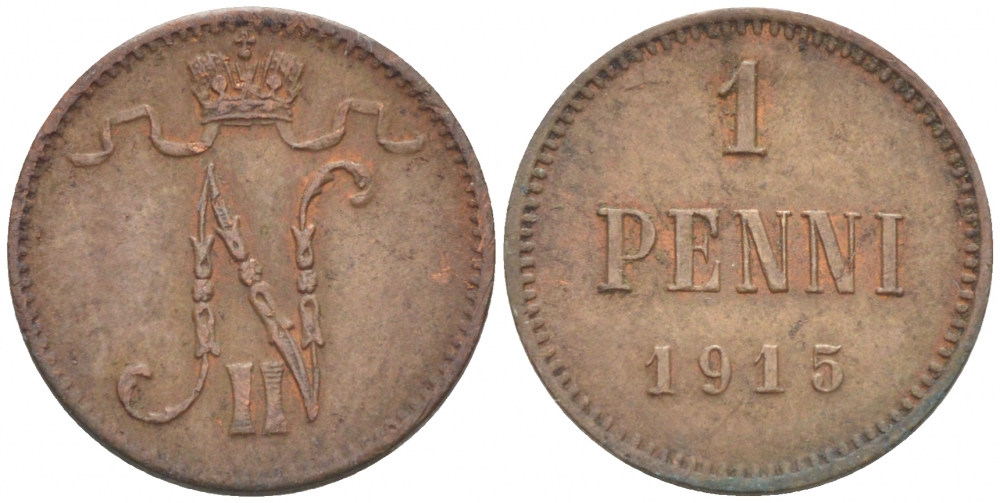 РОССИЯ ДЛЯ ФИНЛЯНДИИ 1 ПЕННИ 1915 НИКОЛАЙ II KM 13, Биткин 475 медь 261-1136
