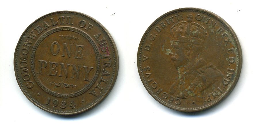 АВСТРАЛИЯ 1 ПЕННИ 1934 ГЕОРГ V KM 23 бронза 7-5-25-12