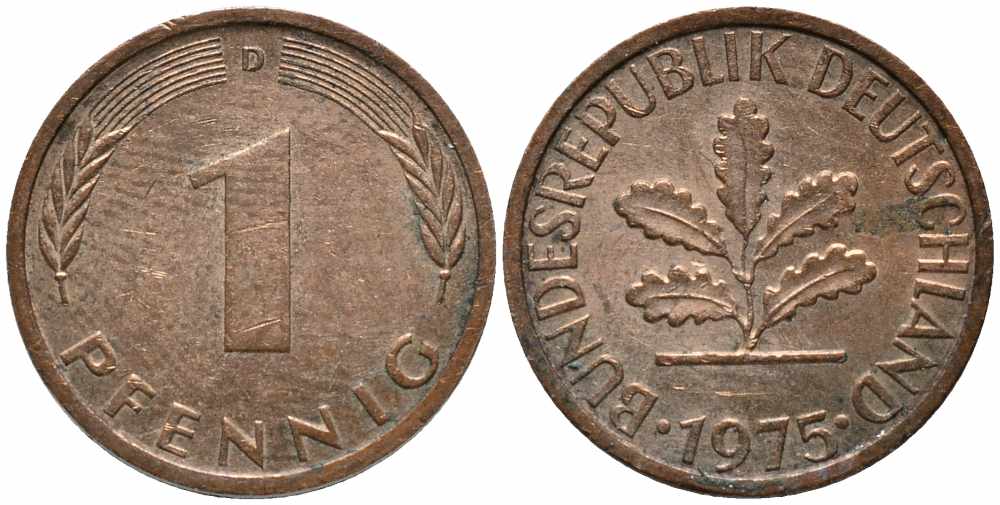 ФРГ 1 ПФЕННИГ 1975 D KM 105, J. 380 сталь плакированная медью 112-133
